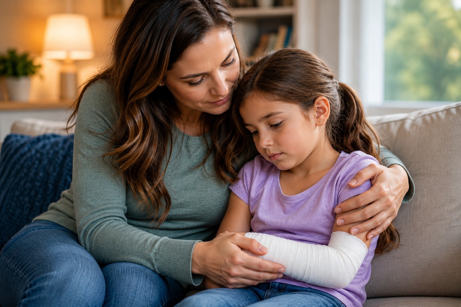 A parent comforting a child following a dog bite injury