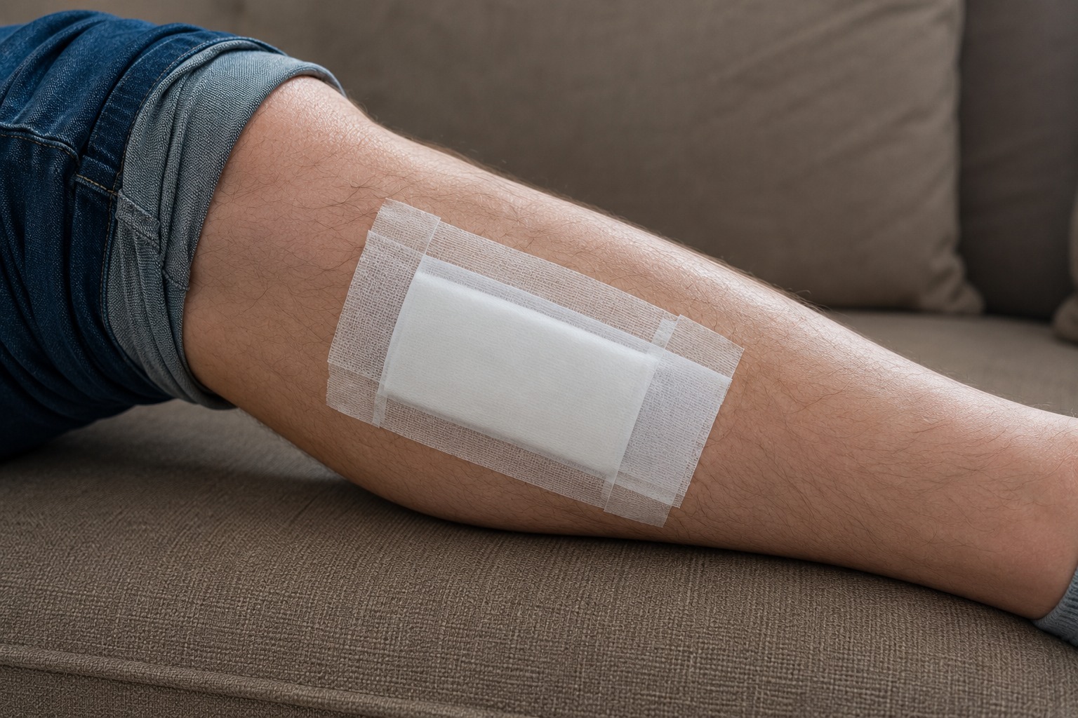 A bandaged calf and lower leg after a dog bite injury