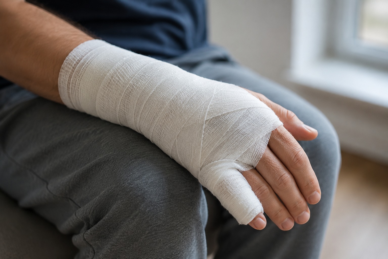 A bandaged hand and wrist after a dog bite injury