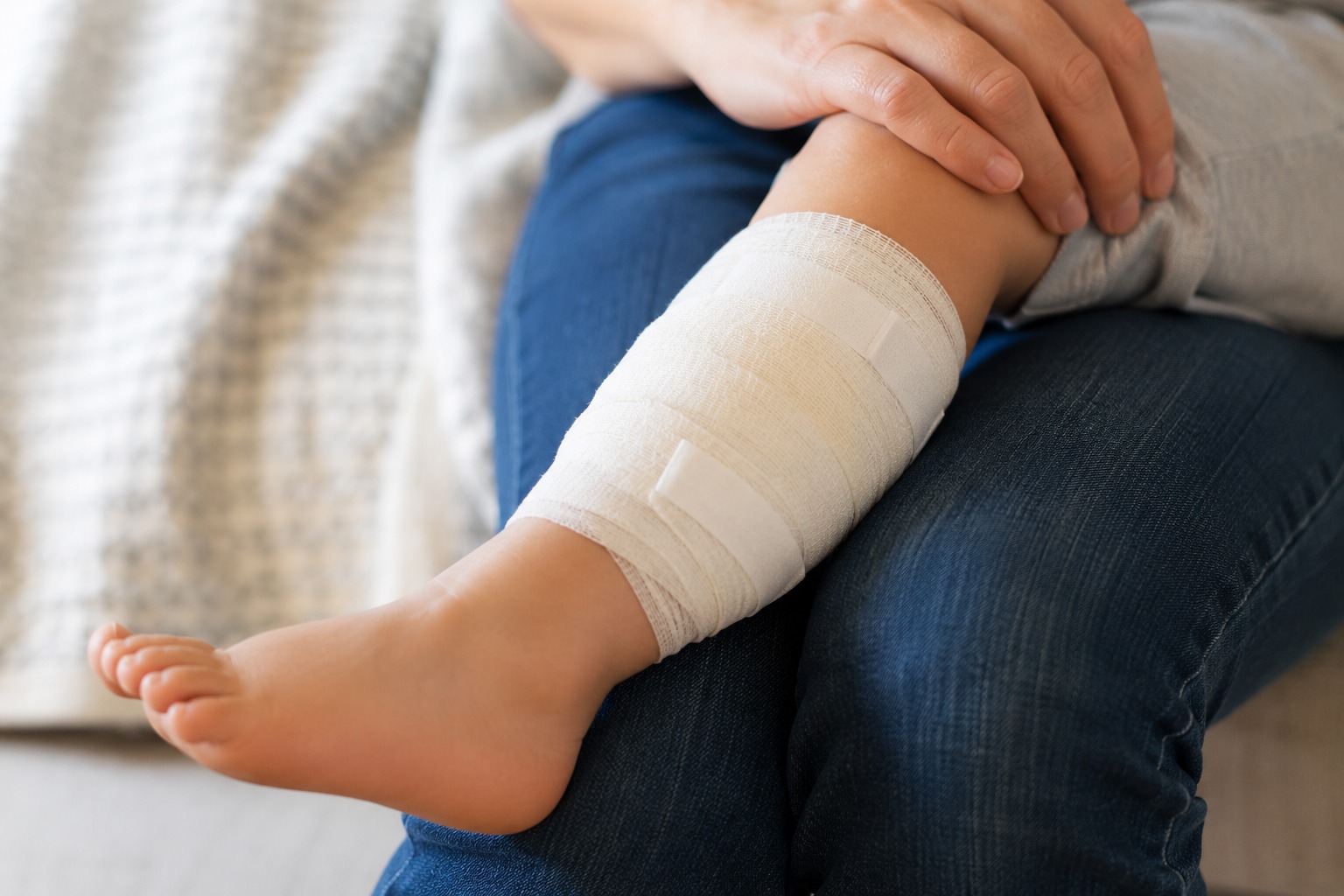 A bandaged leg following a dog bite injury
