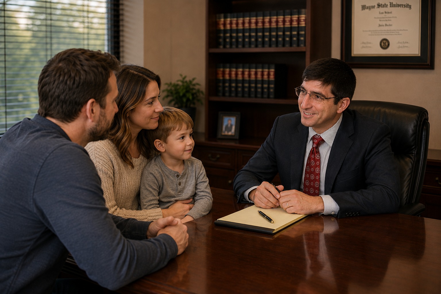 A family consulting with attorney Solomon Radner about their child's dog bite injury