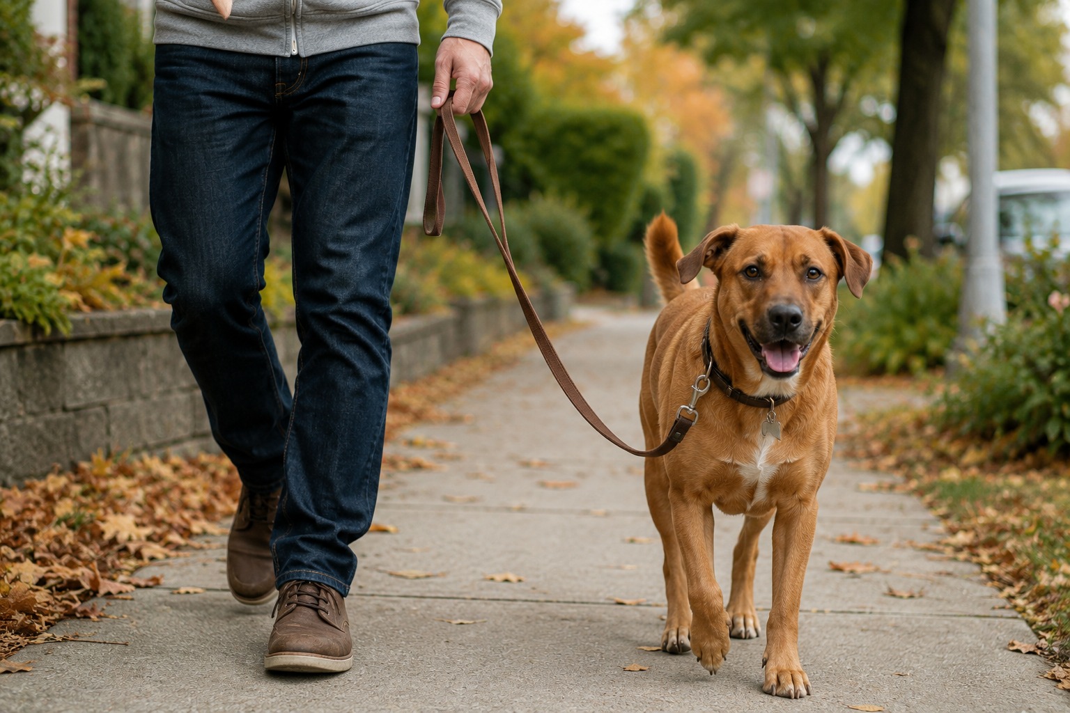 A responsible dog owner walking a dog on a leash