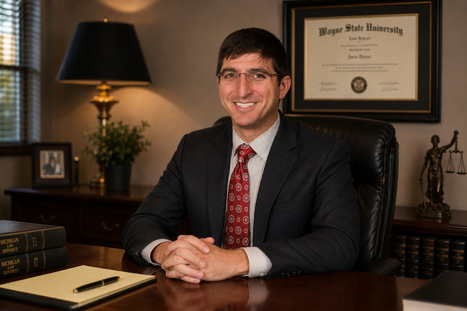 Attorney Solomon Radner at his desk reviewing a dog bite case file